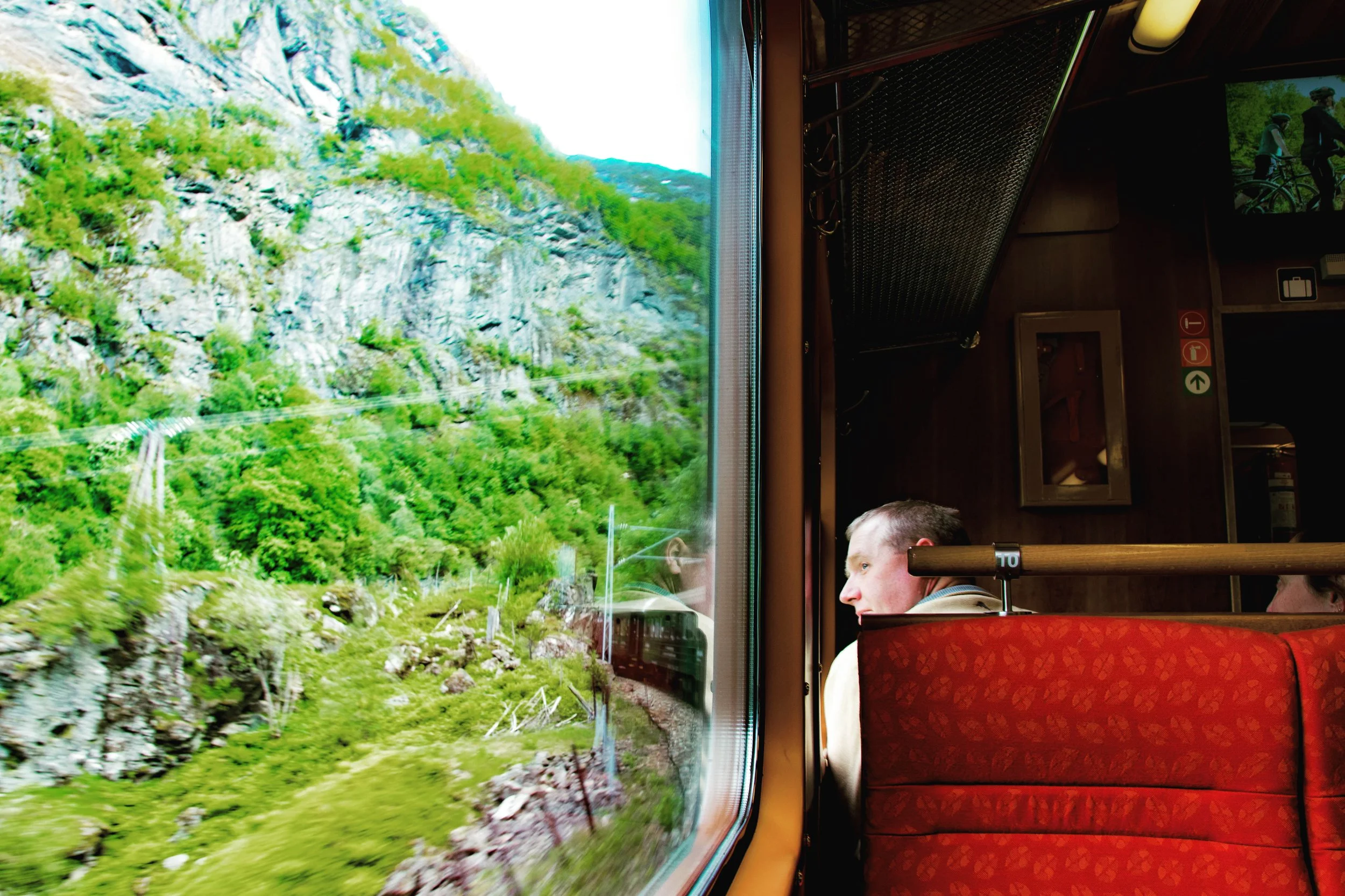 ノルウェーの列車の車内で窓の外の山や緑の景色を眺める男性
