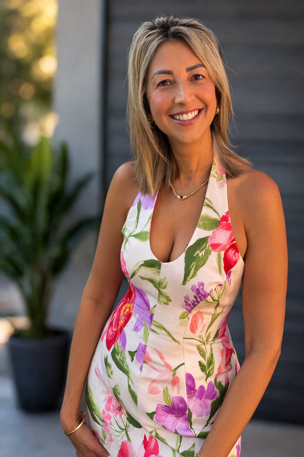 A woman with shoulder length blonde hair wearing a colorful floral sleeveless dress, smiling outdoors with a background of a plant and a dark wall.
