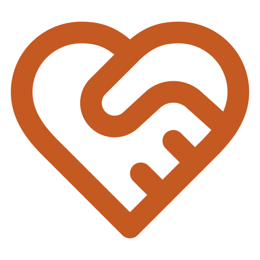 A heart-shaped logo with a stylized, interconnected design in brown color.