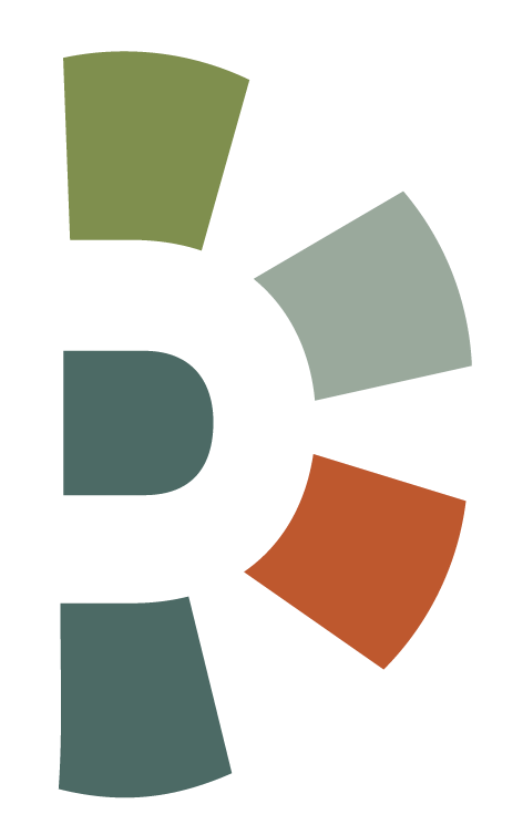 A colorful pie chart with five segments in green, gray, red, and two shades of blue.
