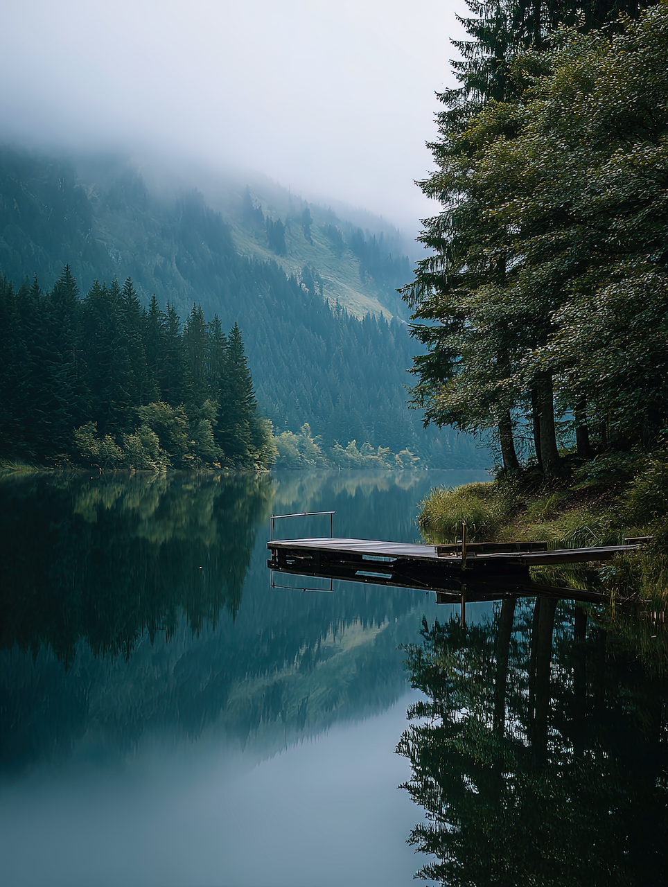 A tranquil lake surrounded by dense evergreen trees and misty mountains in the background, with a small wooden dock extending into the water.