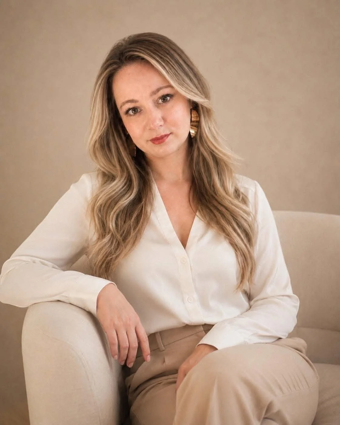A woman with long wavy blonde hair, wearing a cream-colored blouse and bold earrings, sitting on a beige armchair against a plain neutral background. She is ready to address weight struggles and signs and symptoms of hormone imbalance.