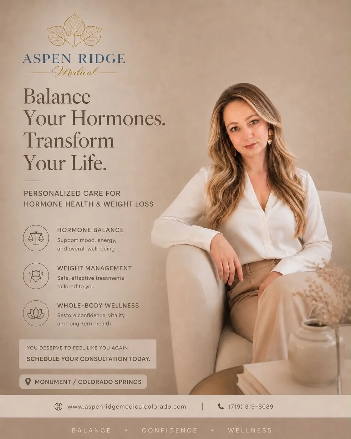 A promotional flyer for Aspen Ridge Medical featuring a woman sitting on a beige couch. The flyer advertises hormone health and weight management services. It includes icons and text about hormone balance, weight management, and whole-body wellness, along with a call to schedule a consultation. The location is Monument, Colorado Springs, and contact details are provided.