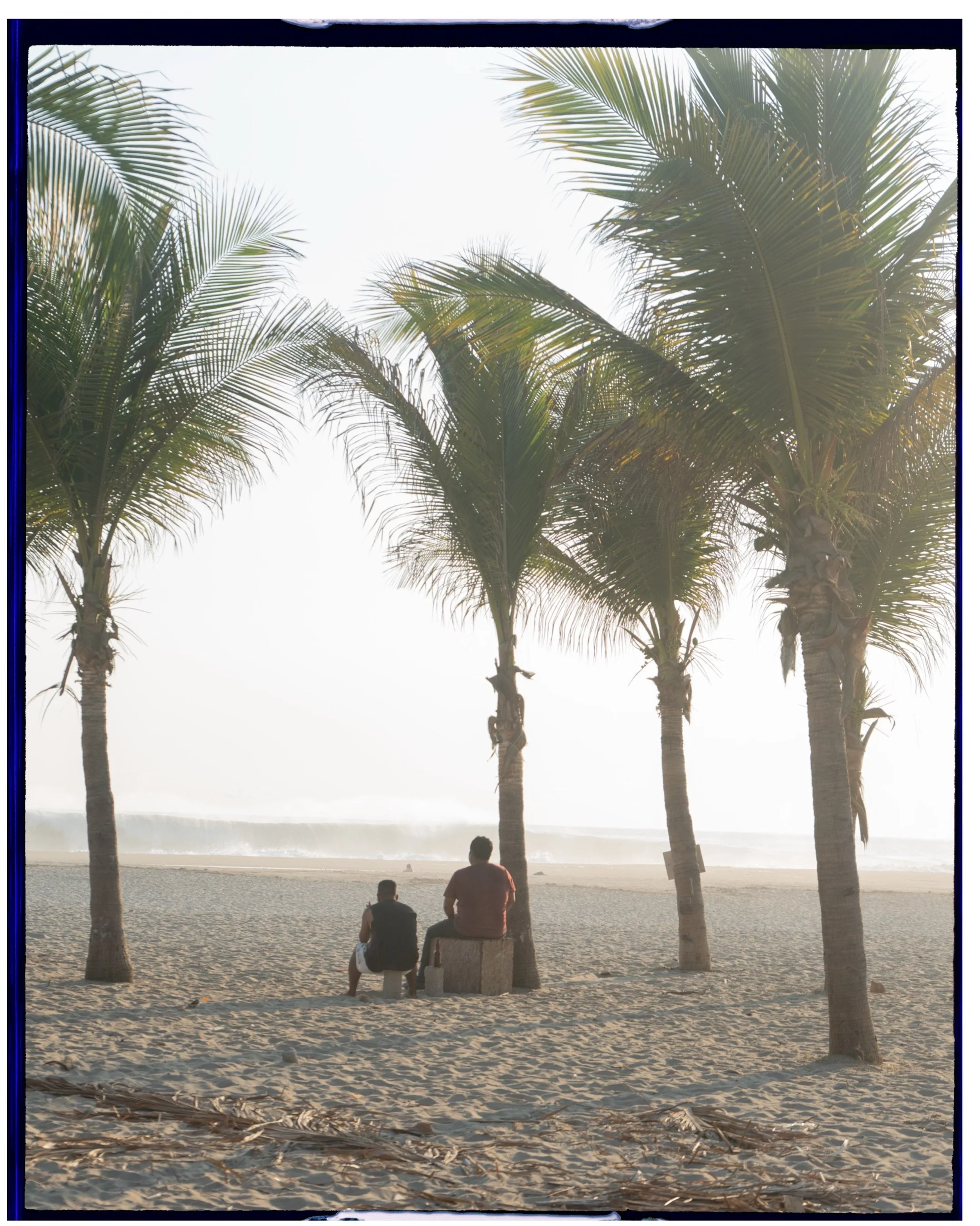 Travel editorial image of a peaceful beach moment framed by palm trees