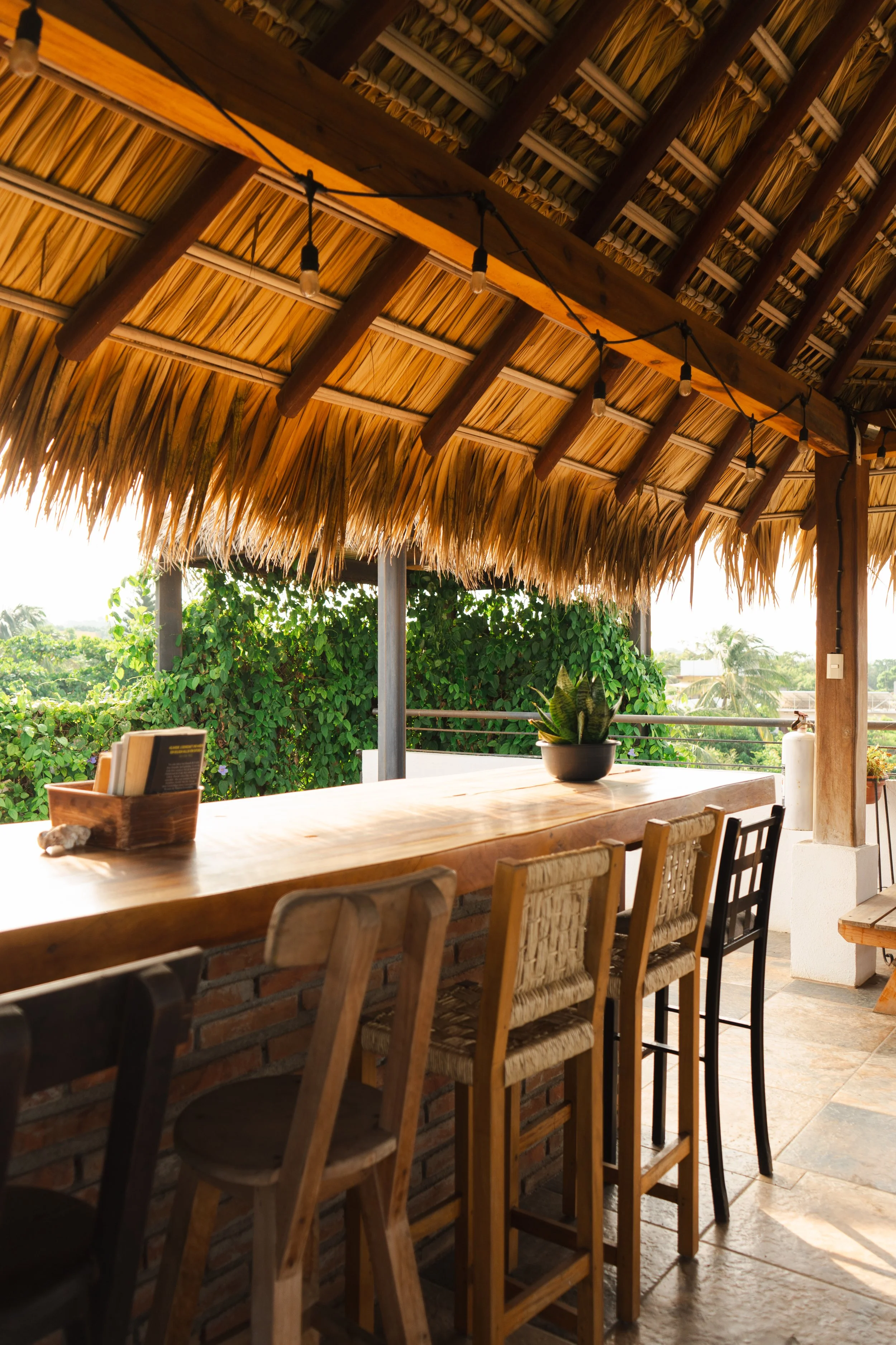 Luxury hospitality interior photography of a tropical open-air bar with lush greenery and ambient lighting