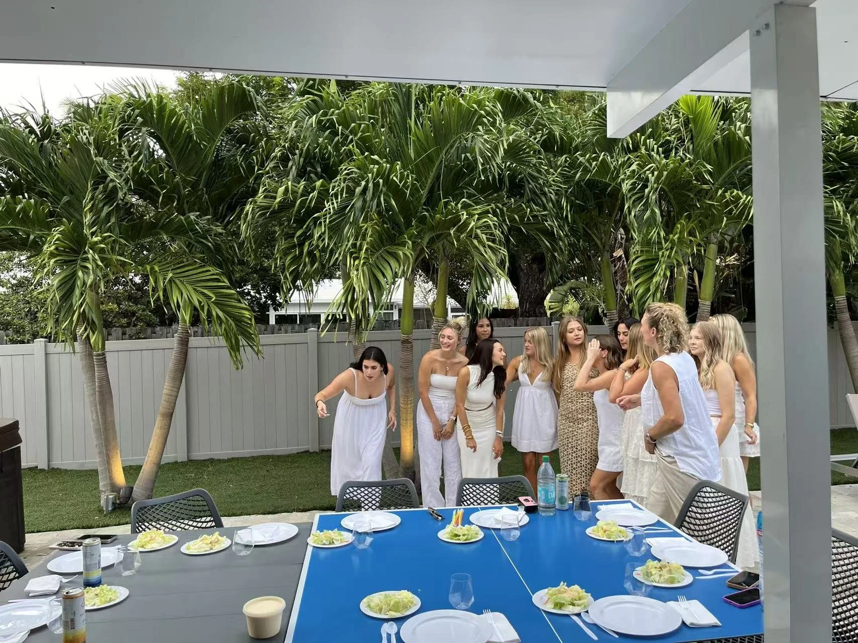 Group of women in summer dresses gathering outdoors under a canopy, with a table set with plates of salad and drinks in the foreground, surrounded by lush palm trees and a gray fence.