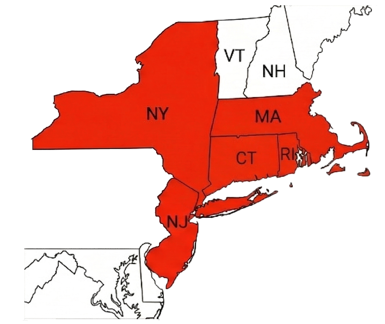 Map of Northeastern US states with New York, New Jersey, Massachusetts, Connecticut and Rhode Island highlighted in red.