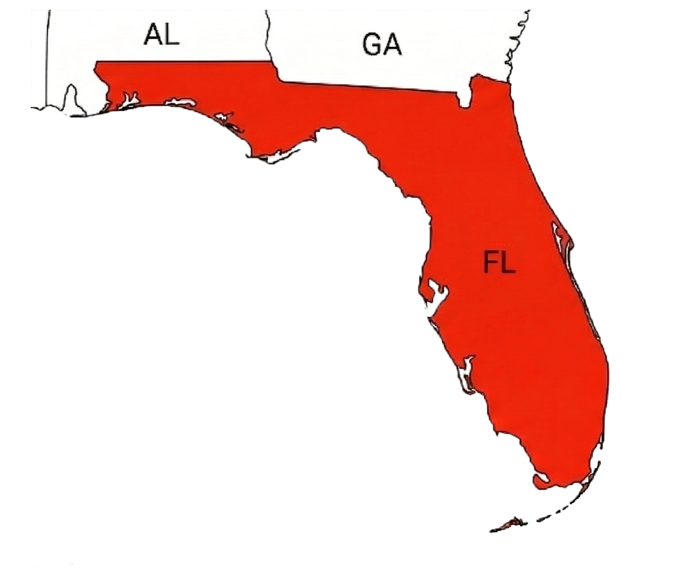 Map of Florida with neighboring states Alabama and Georgia; Florida is highlighted in red.