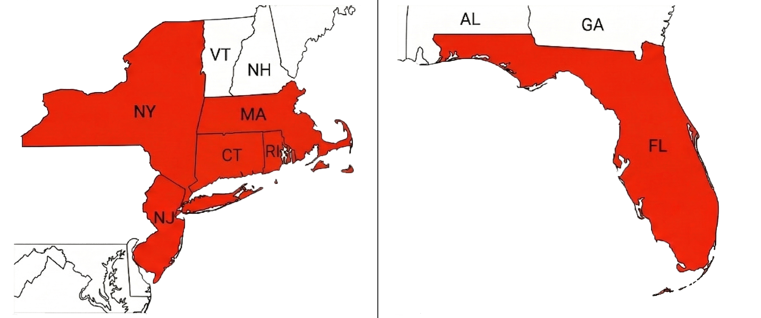 Map of the United States with several states highlighted in red.