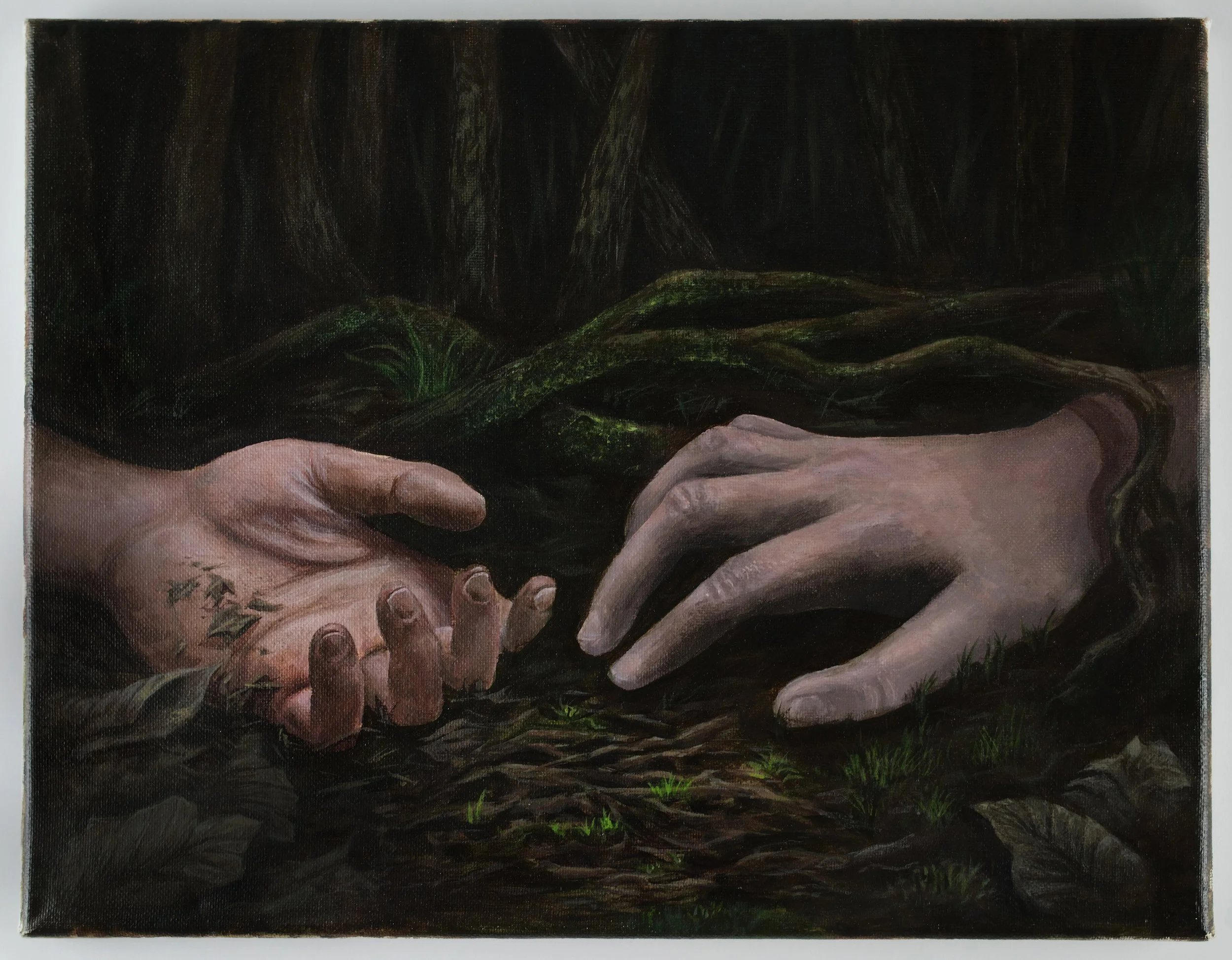 Painting of two hands reaching for each other in a dark forest setting, with moss and roots.”