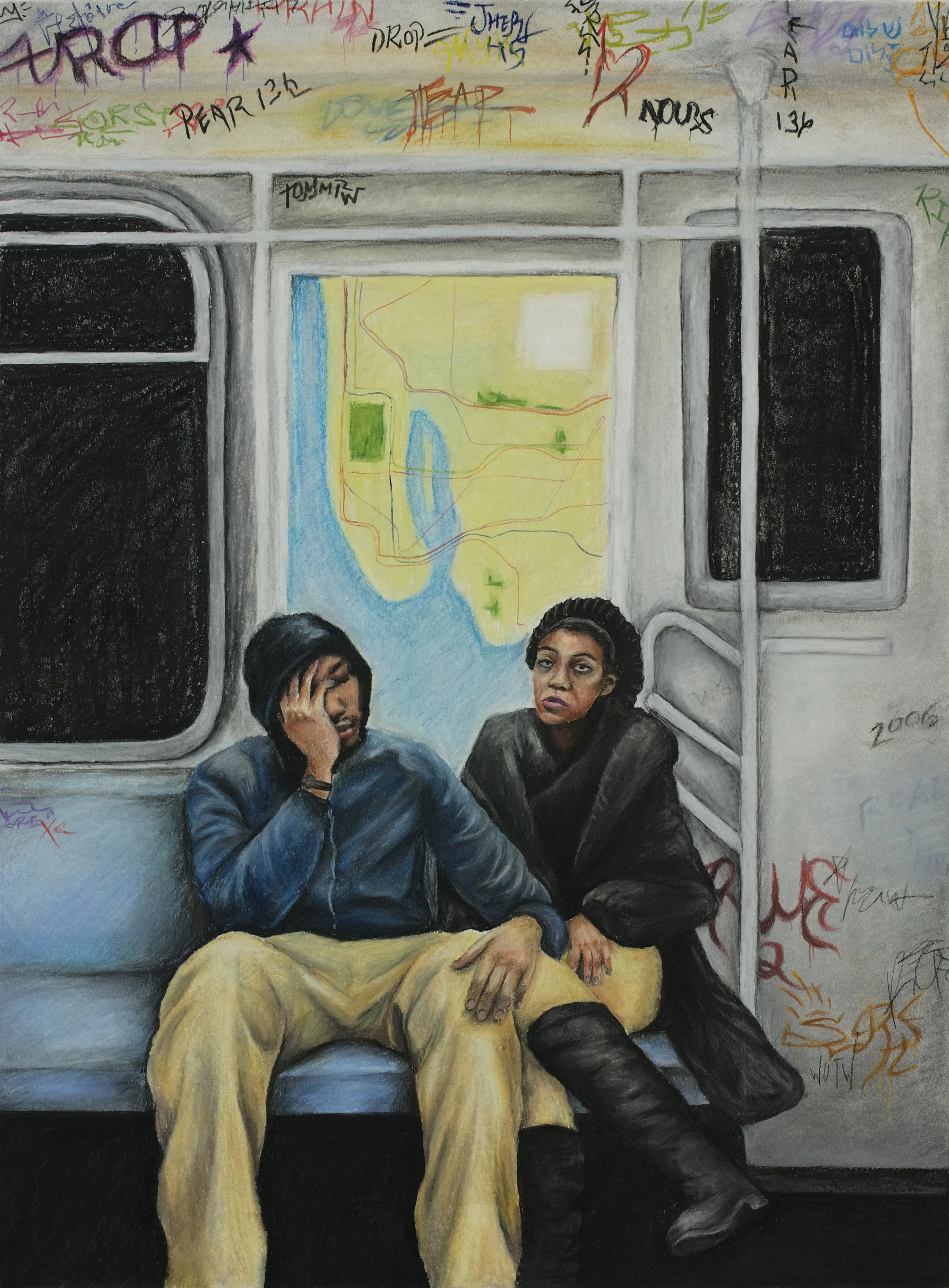 Two young adults sitting on a subway train. The person on the left is wearing a hoodie and beige cargo pants, appearing tired or bored with hand on their face. The person on the right is wearing black clothing and boots, also looking contemplative. B