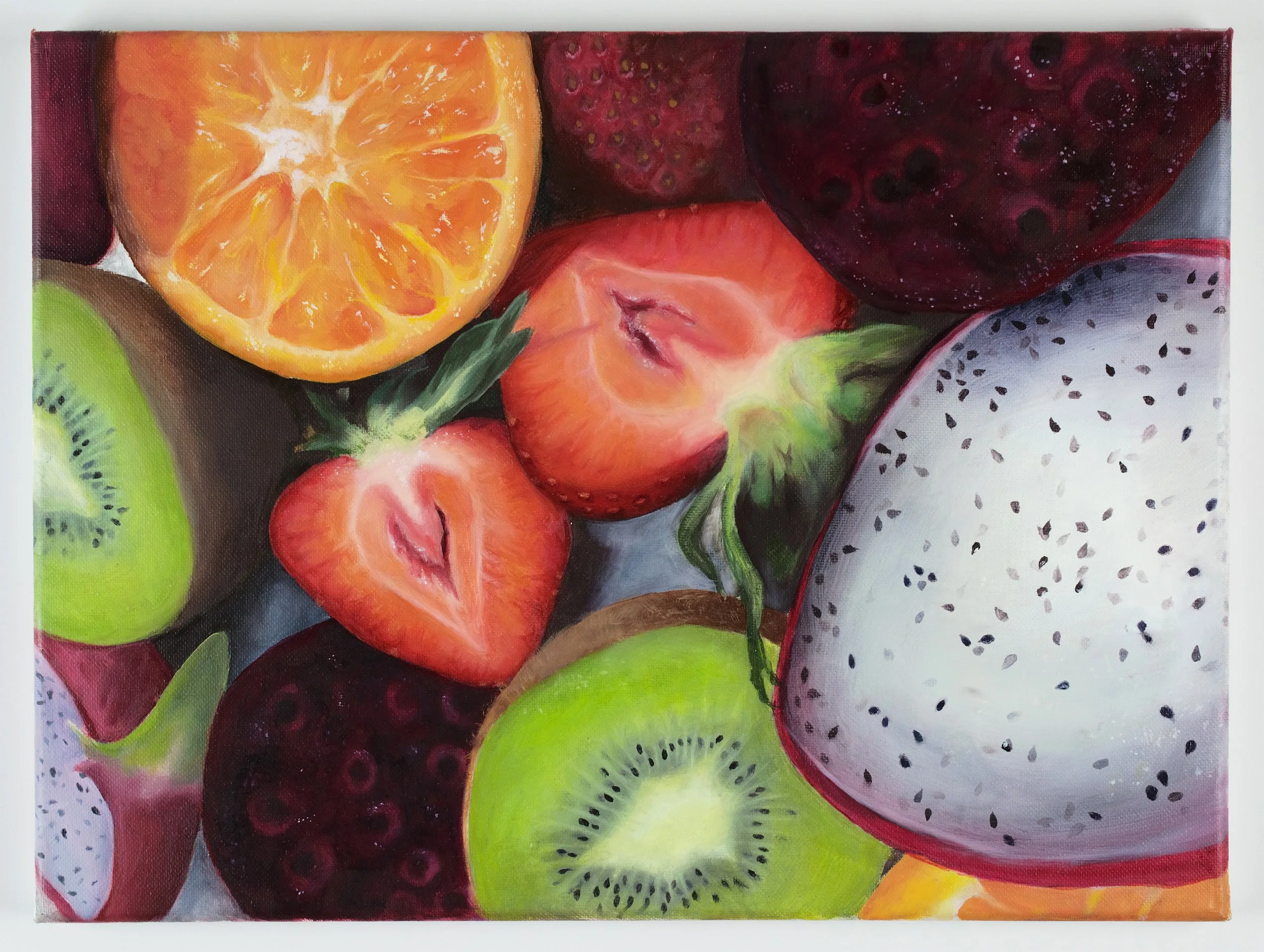 A colorful painting of various fresh fruits including a halved orange, a halved strawberry, a halved kiwi, a slice of dragon fruit, and other berries.