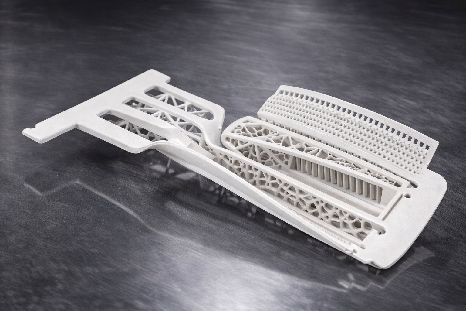 Three white 3D-printed dental aligner trays placed on a metallic surface.