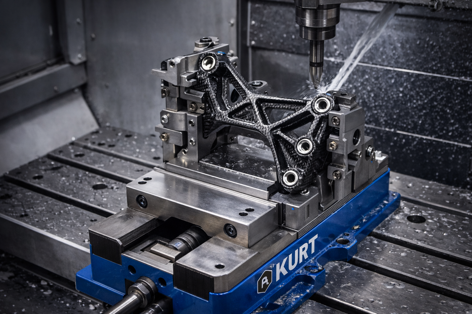 A CNC machine cutting a black carbon fiber automotive part.
