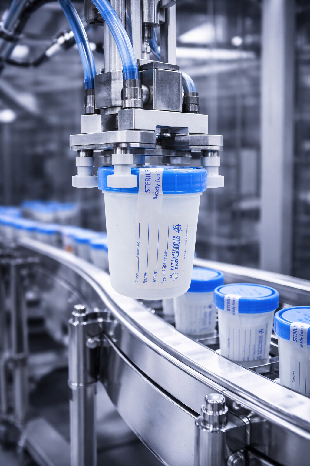 Medical syringe with a sterile label and blue caps, attached to a metal robotic arm in a pharmaceutical production line.