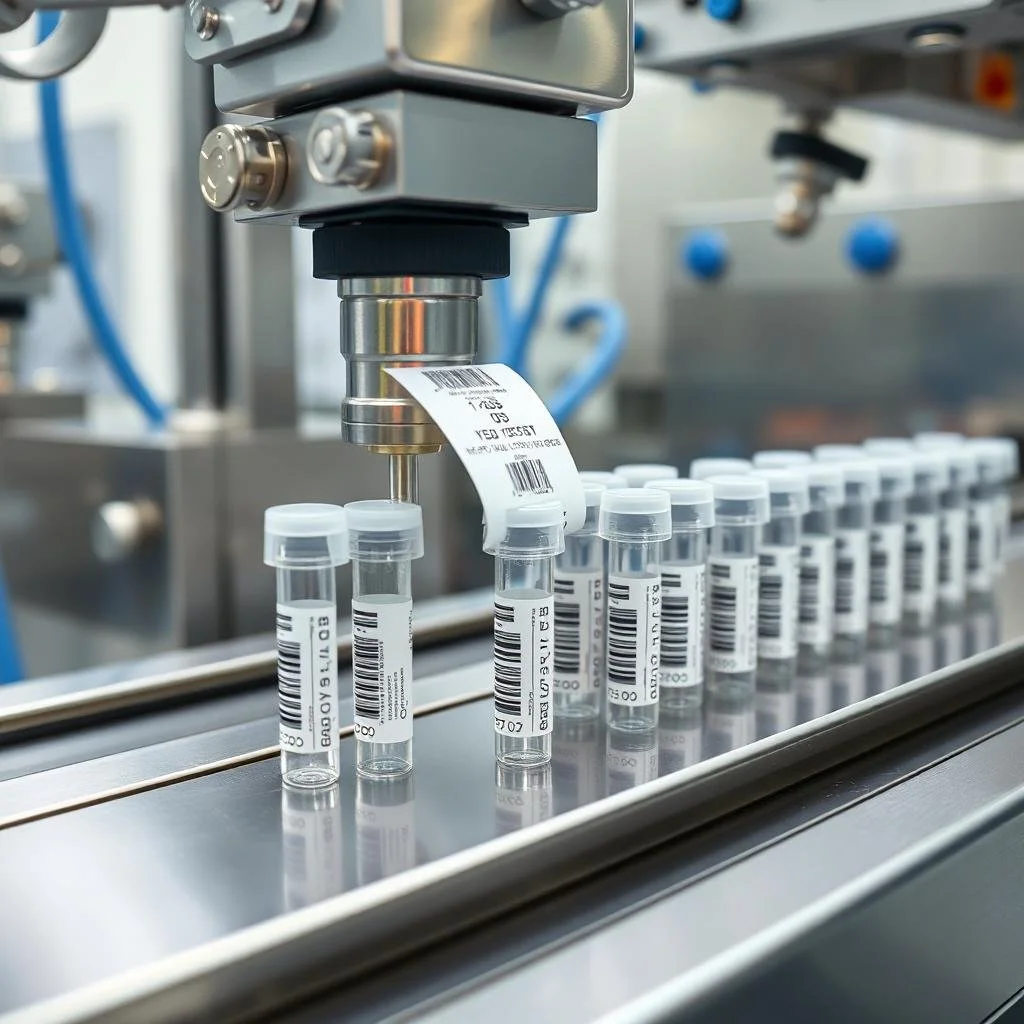 Vials on an automated labeling machine in a laboratory or pharmaceutical facility.