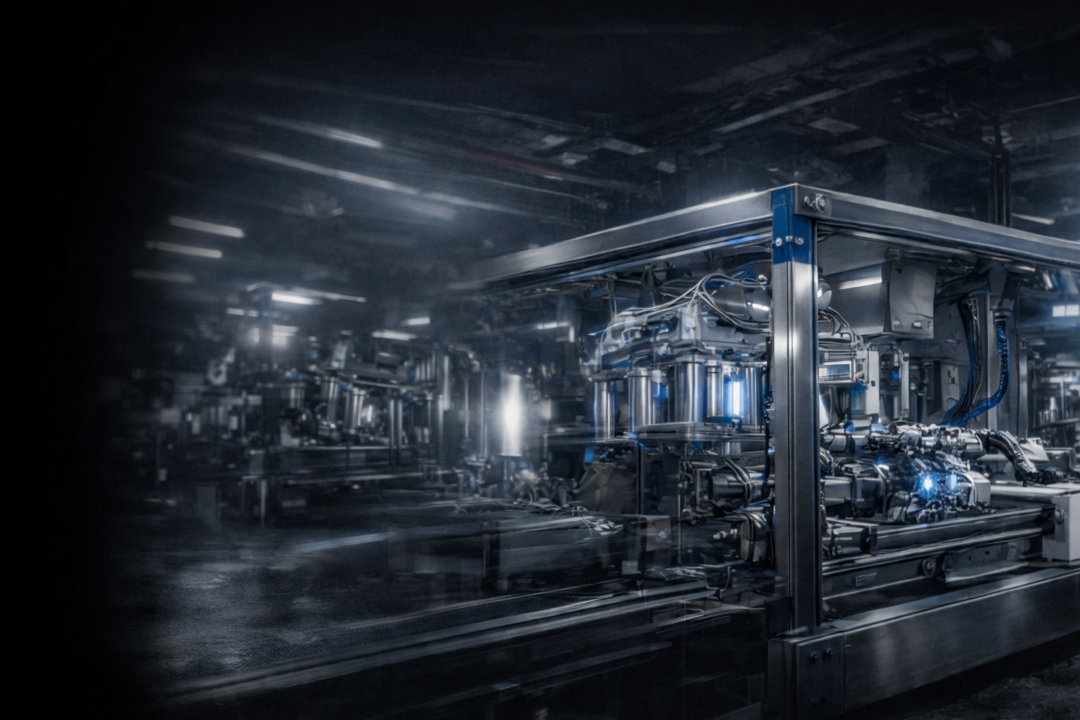 Inside a high-tech laboratory with stainless steel machinery and blue LED lights.