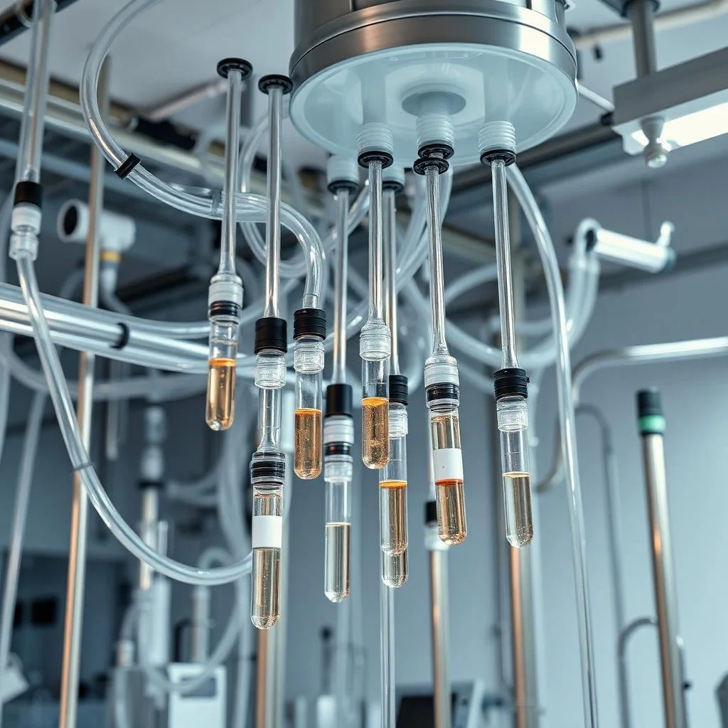 Laboratory equipment with multiple glass tubes hanging and containing different colored liquids, connected by clear tubes to a metallic structure.