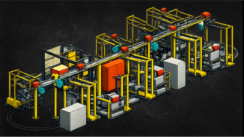 Automated industrial manufacturing line with robotic machinery, yellow frames, and control units.