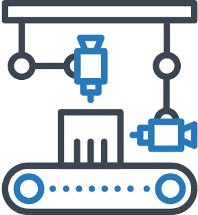 Line drawing of a robotic arm and conveyor belt system