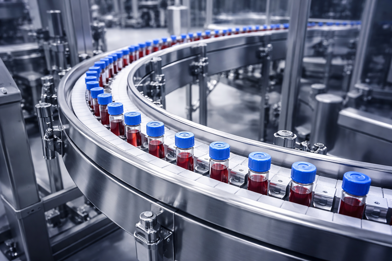 A circular conveyor belt with small glass vials filled with red liquid, each sealed with a blue cap, moving through a sterile industrial filling process.