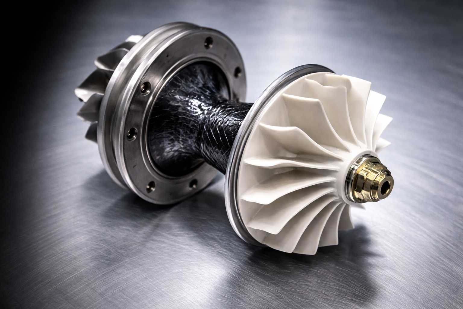 A close-up of a helicopter or drone turbine rotor with a metallic hub, black carbon fiber shaft, and white ceramic or plastic blades on a metallic surface.