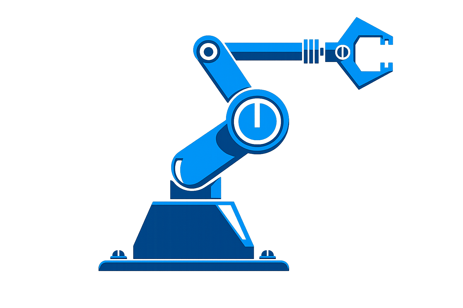 Close-up of a blue robotic arm with a power button symbol, part of a larger machine or robot.