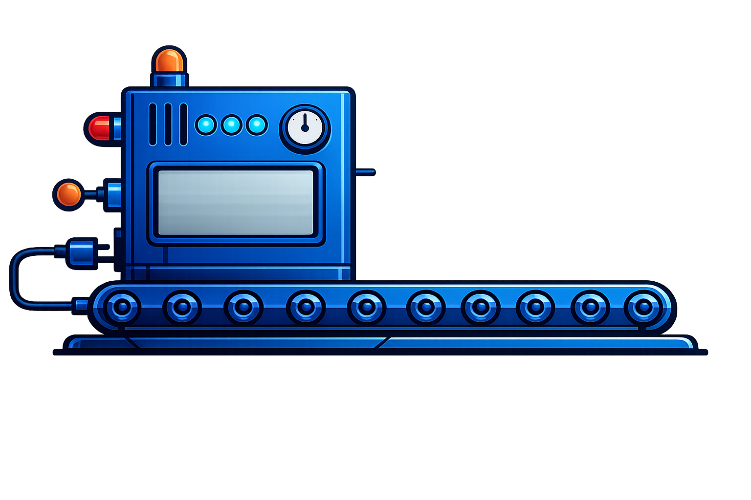 Digital illustration of a blue robot tank with a square body, tank tracks, and several control knobs and gauges on its surface.
