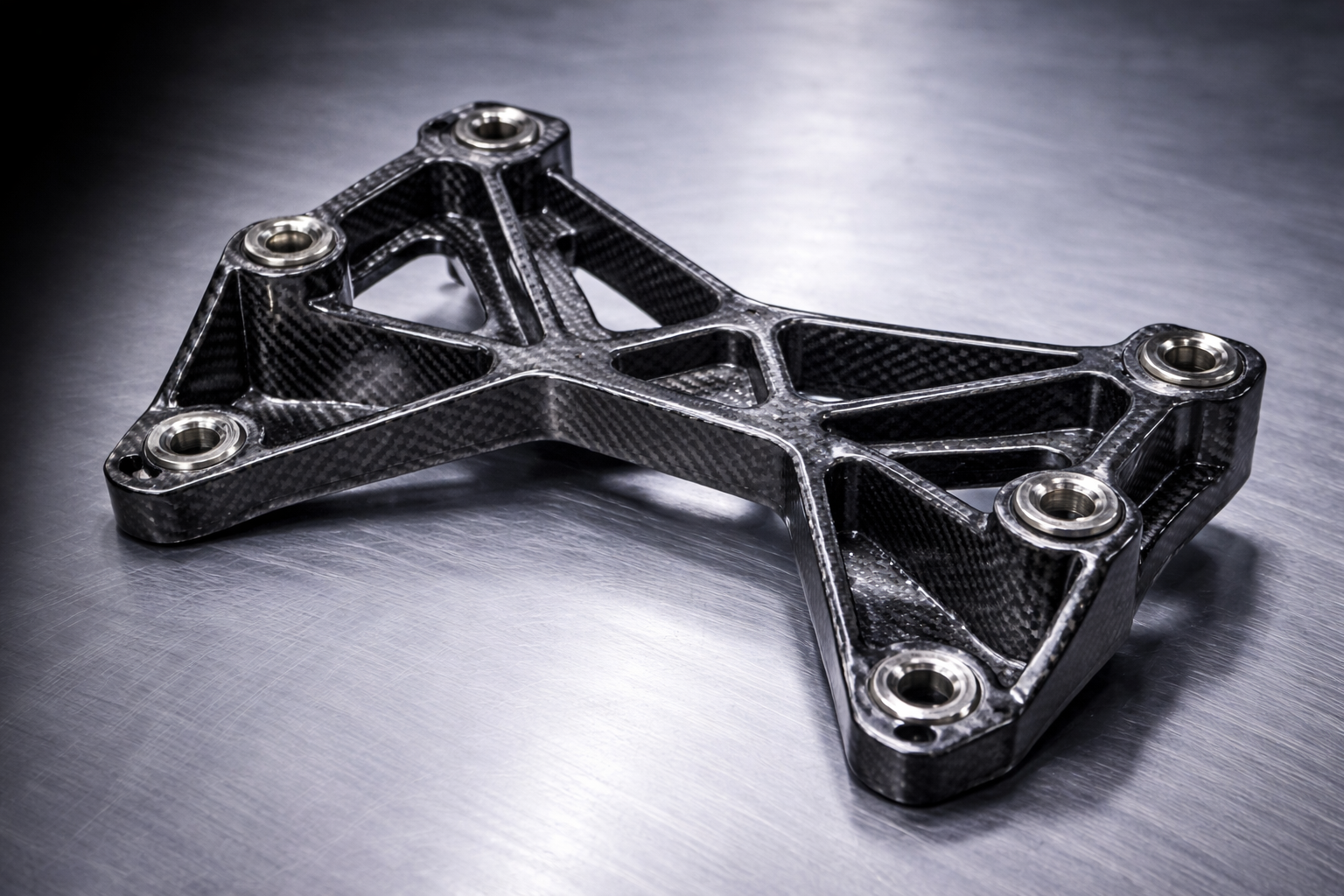 A black carbon fiber car part with four metal bearing inserts, placed on a metallic surface.
