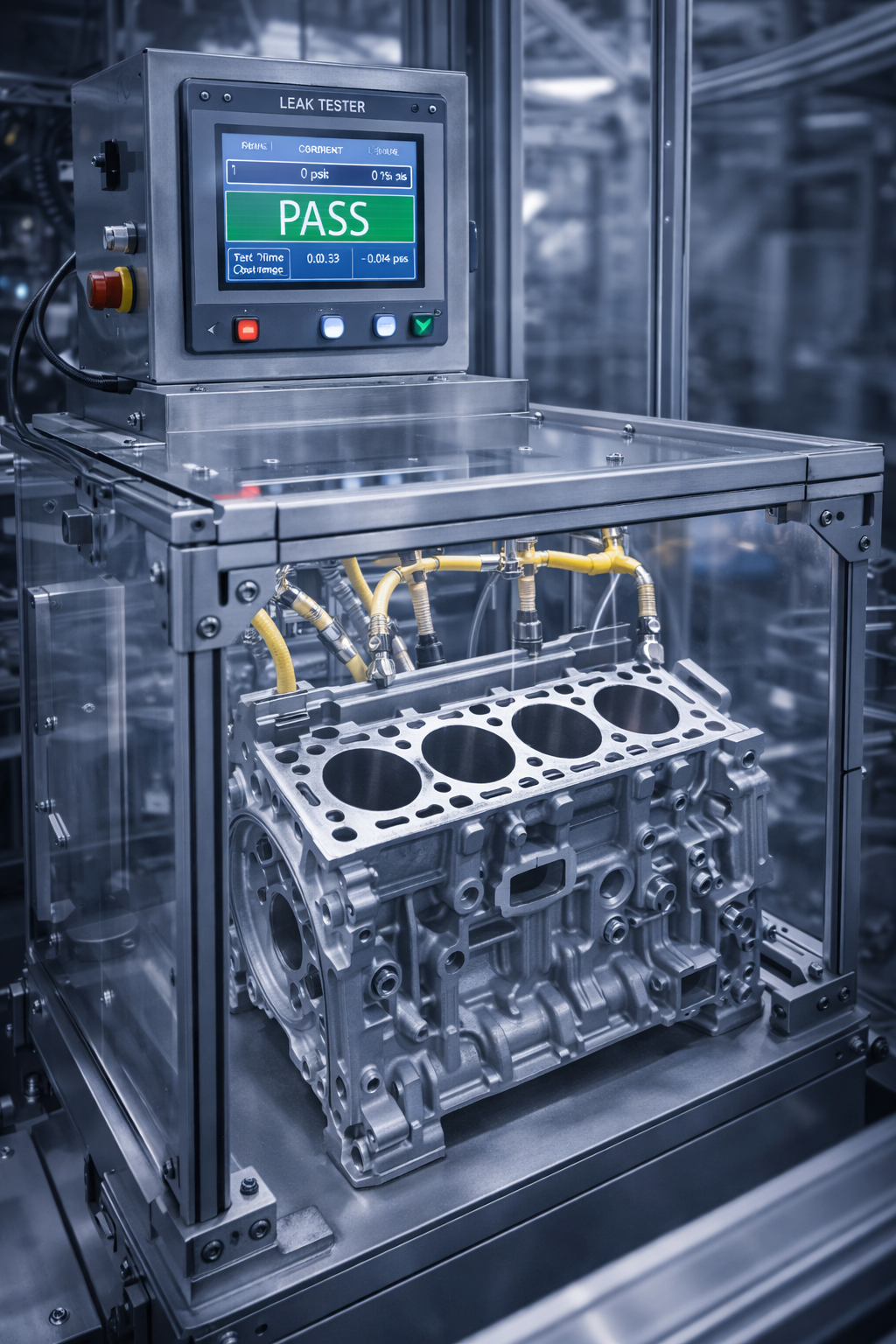 A leak tester machine displaying a green PASS sign testing a metal engine block in a factory setting.