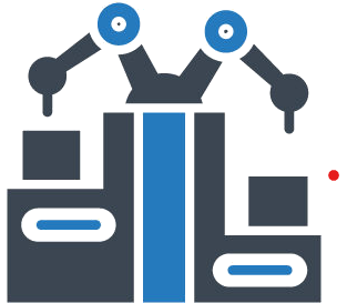 Close-up of a robot toy with a gray body and blue eyes, holding a small white and red object.