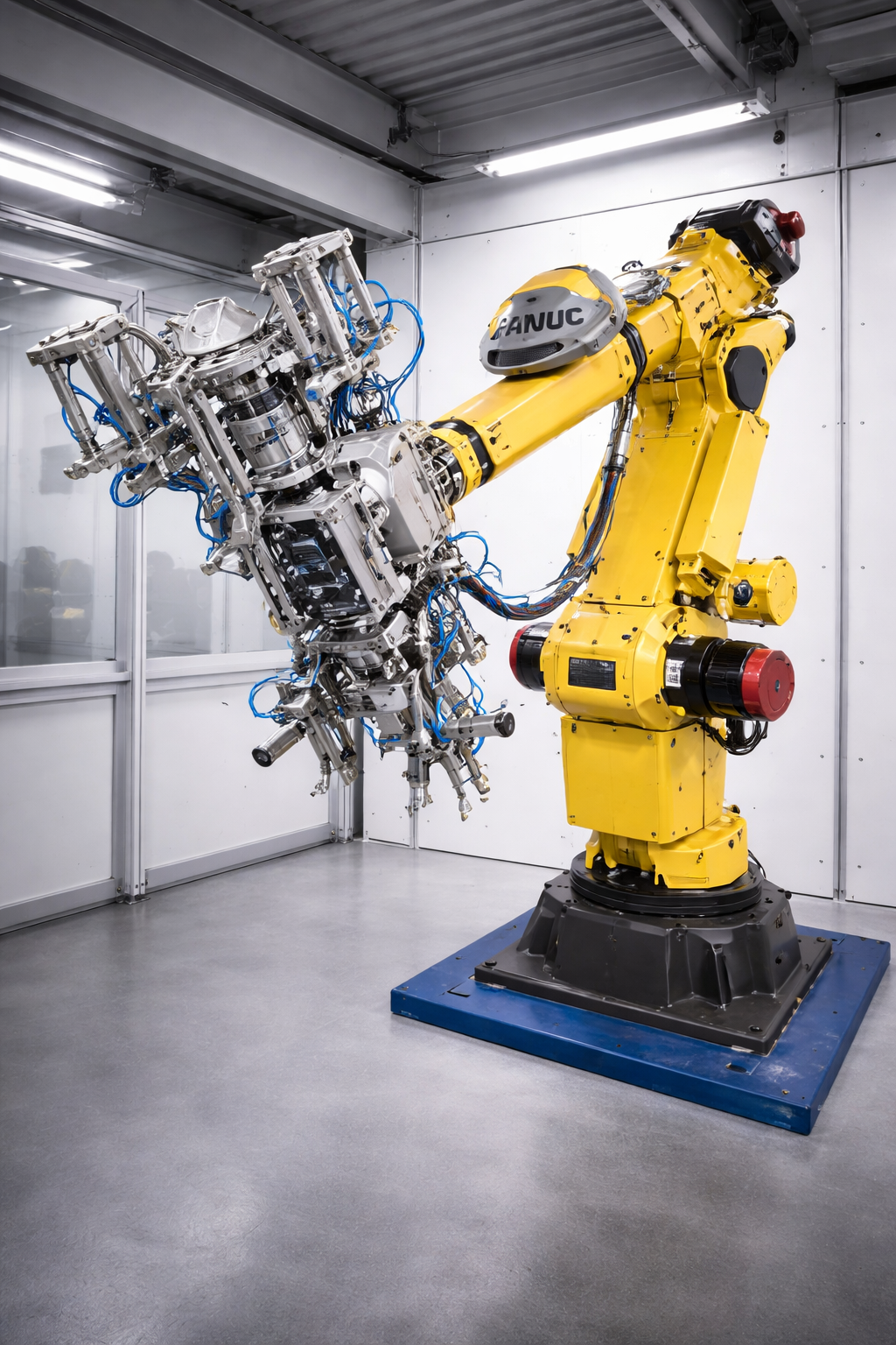 A yellow industrial robotic arm holding and working on a metallic machine component inside a clean manufacturing or laboratory facility.