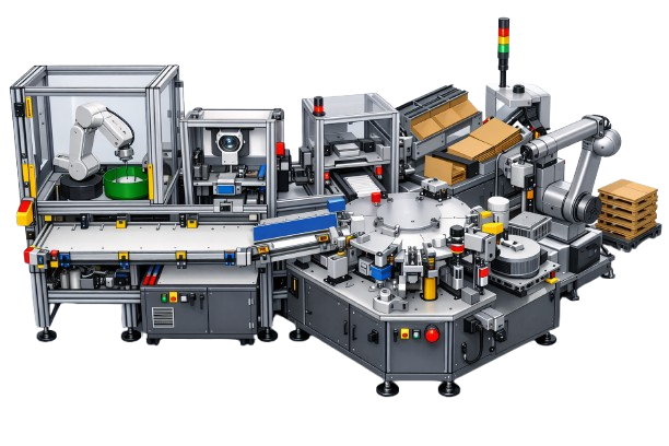 Automated industrial manufacturing machine assembling cardboard boxes