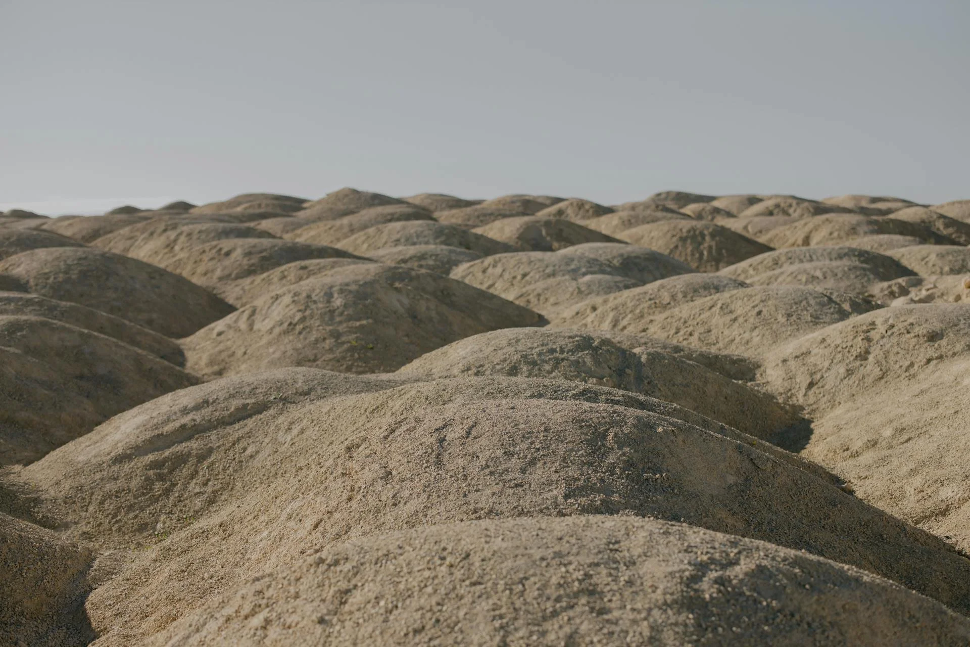 A landscape of rolling sand dunes under a clear sky.
