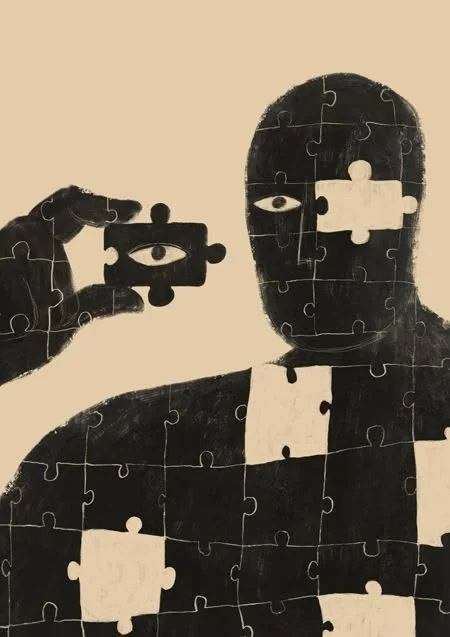 A jigsaw puzzle illustration of a person in tuxedo holding a jigsaw puzzle piece with an eye, with the person's face looking at the piece.
