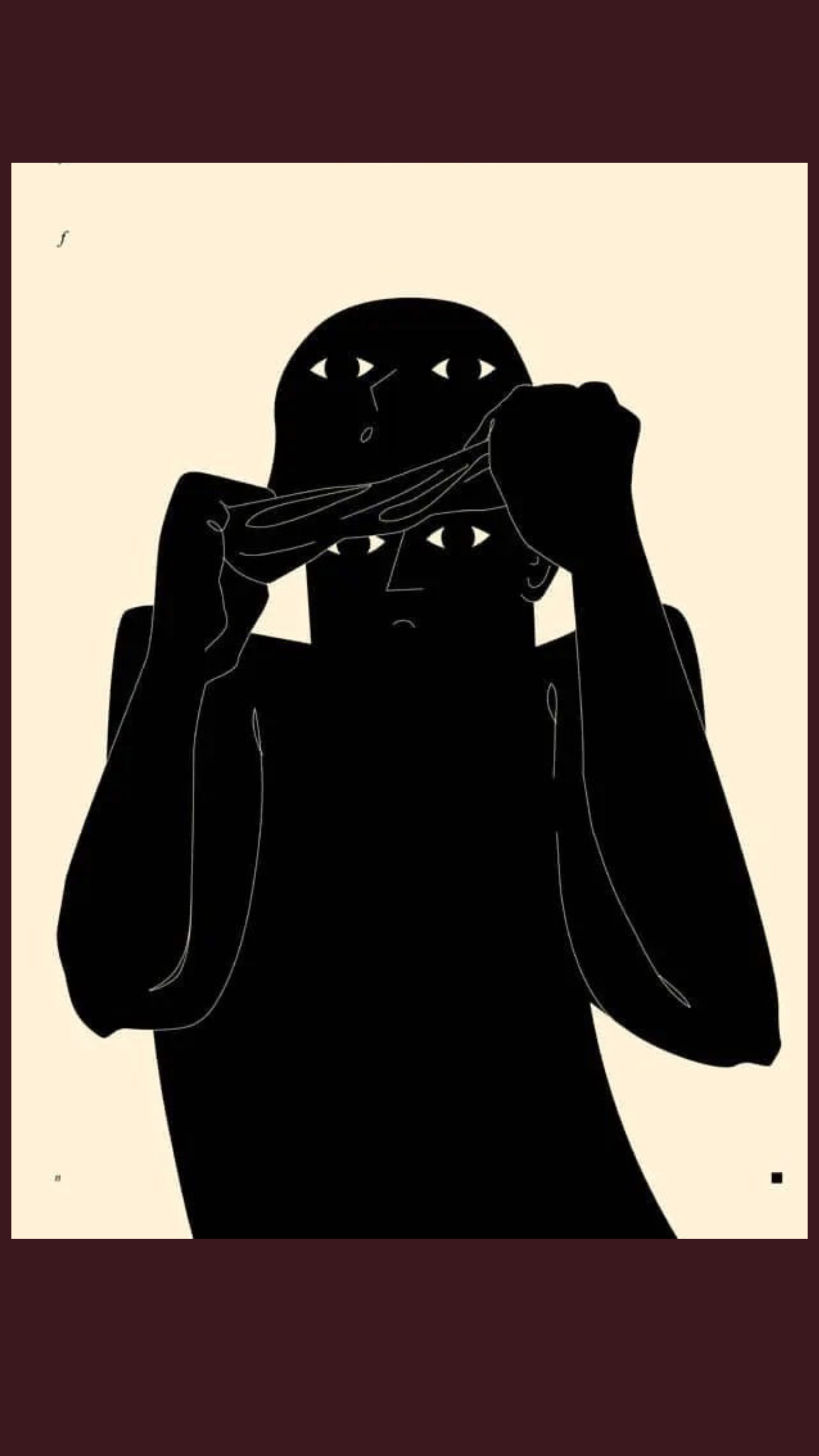 A minimalist black and beige illustration of a woman with multiple eyes on her face and head, holding a cloth over her eyes.