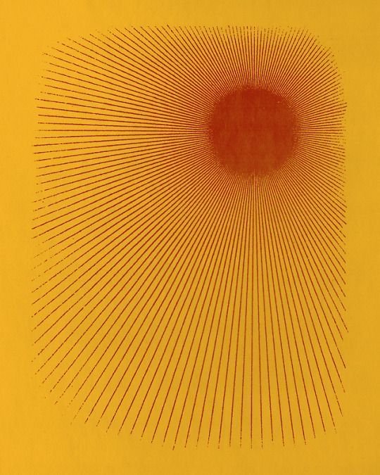 A yellow background with a red circle in the top right corner, surrounded by radiating black lines that create a starburst or sunburst pattern.