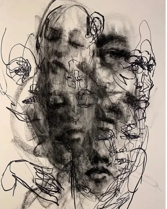 Abstract sketch combining multiple faces with overlapping features and loose line drawings of hands.