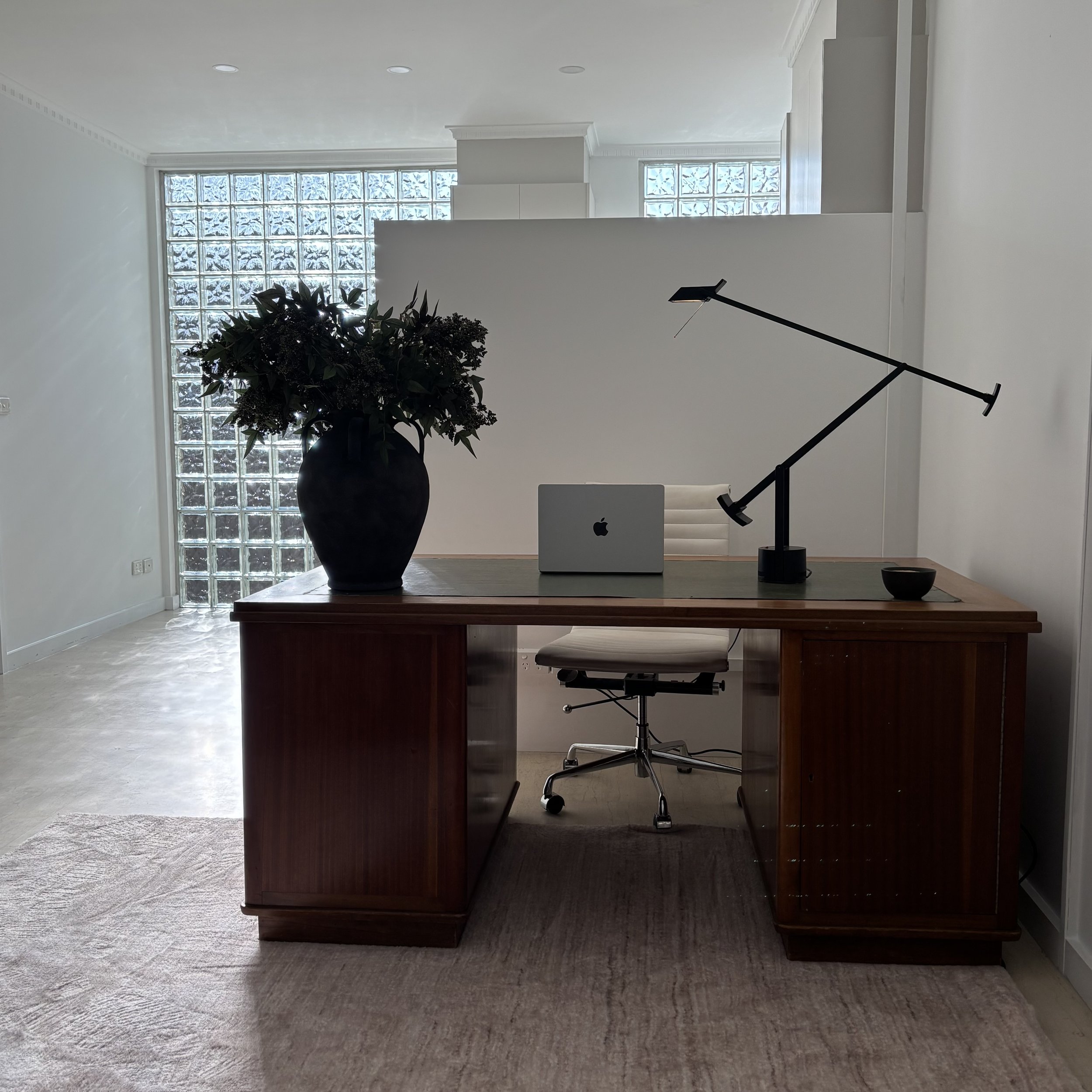 Modern office workspace with a dark wood desk, a white chair, a large potted plant, a laptop, a black desk lamp, and a small bowl, with glass block windows and white walls.