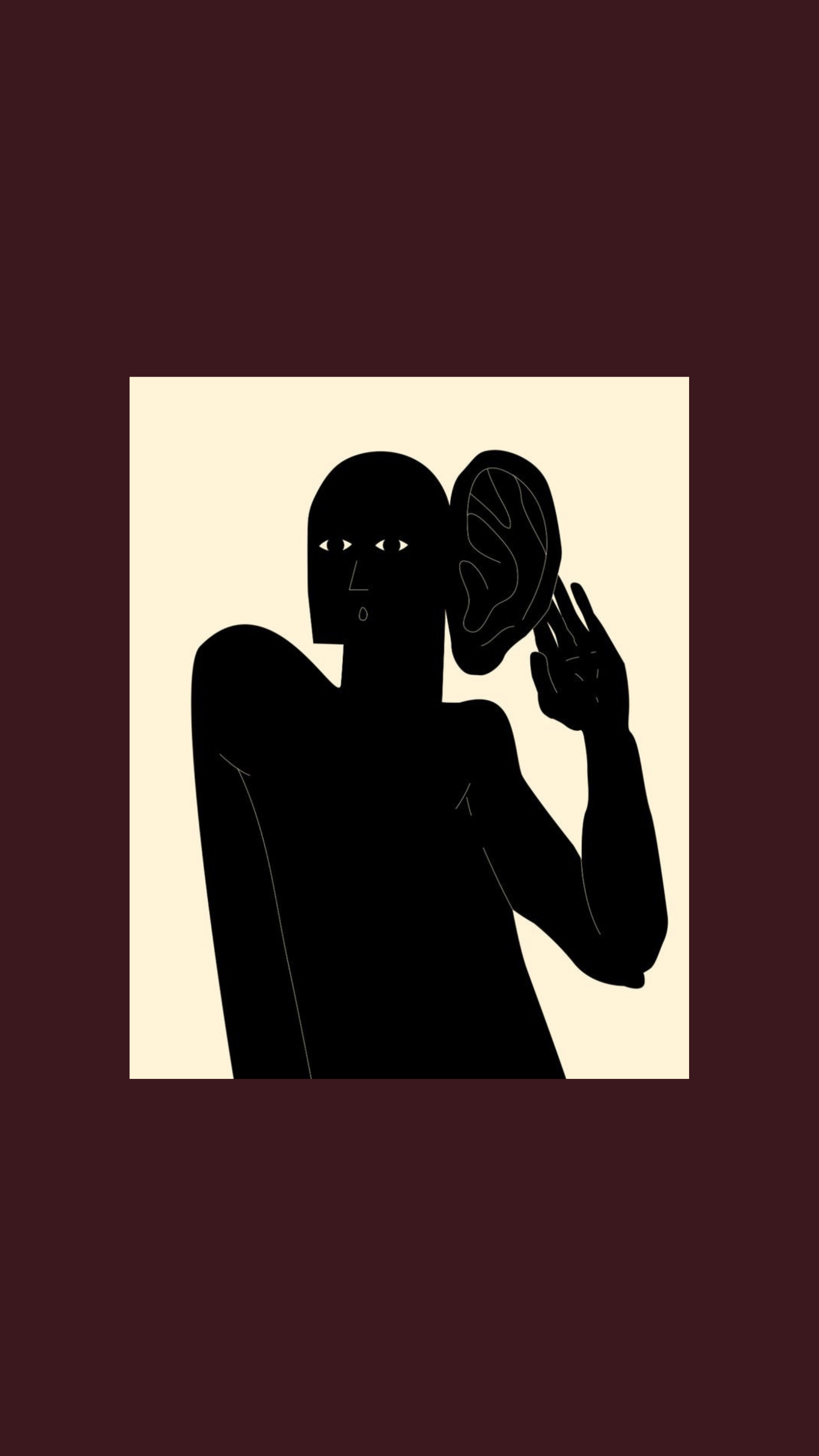 Minimalist illustration of a person with dark skin, short hair, and a shoulder, holding their hand to their ear as if listening, against a light background.