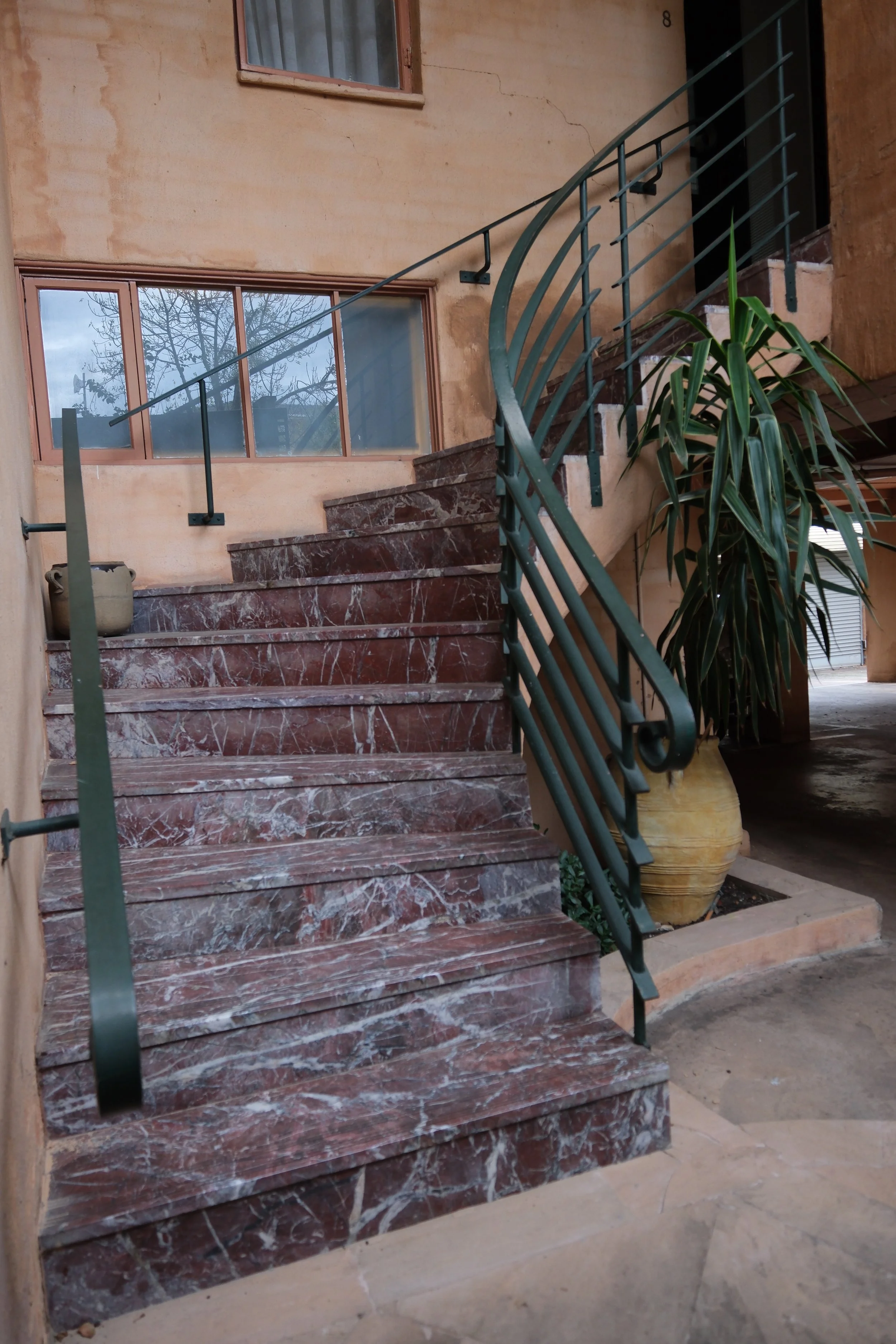 Marble staircase leading upstairs with a black metal railing, a large potted plant on the right, and a beige wall with two windows in the background.