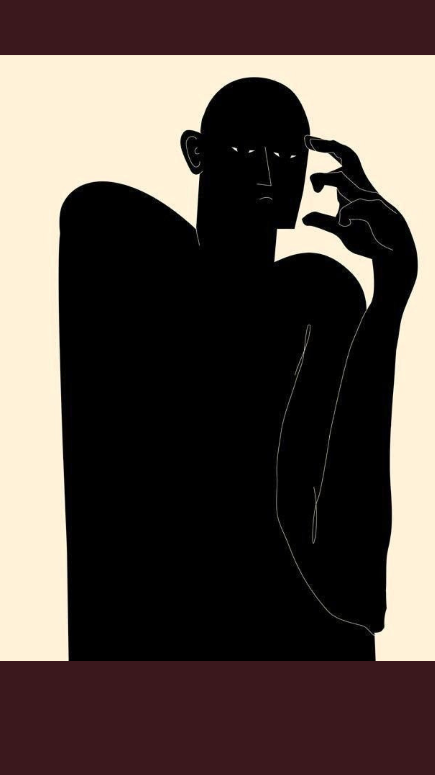 Minimalist illustration of a person with a bald head, dark silhouette, and hand near their face, set against a beige background with maroon borders at the top and bottom.
