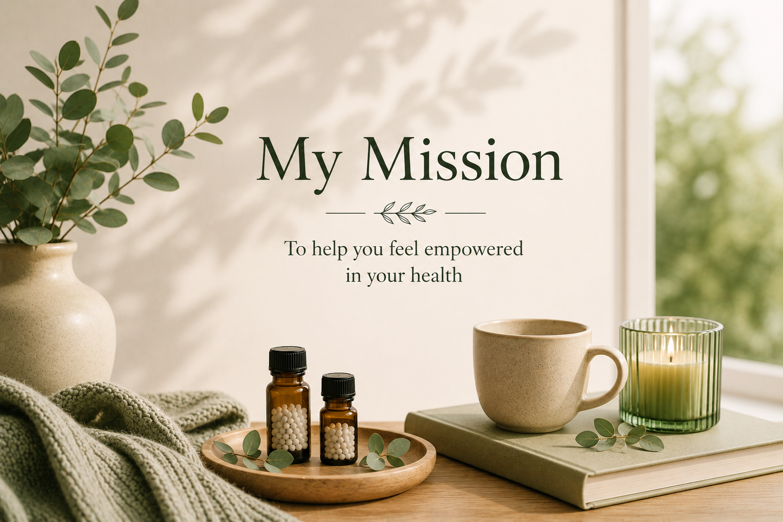 A wellness setup with a potted eucalyptus plant, medication bottles, a beige mug, a lit candle in a green glass holder, and a closed book on a wooden table, against a window with greenery outside and a sign that reads "My Mission to help you feel empowered in your health."