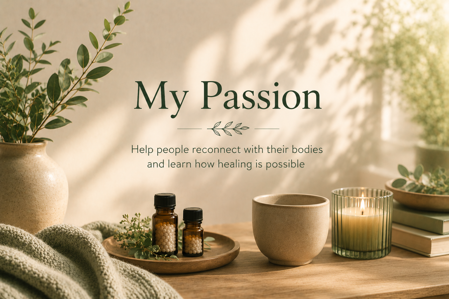 A calming scene with plants, candles, and pill bottles on a wooden table, with the text 'My Passion' and message about reconnecting with the body and healing.