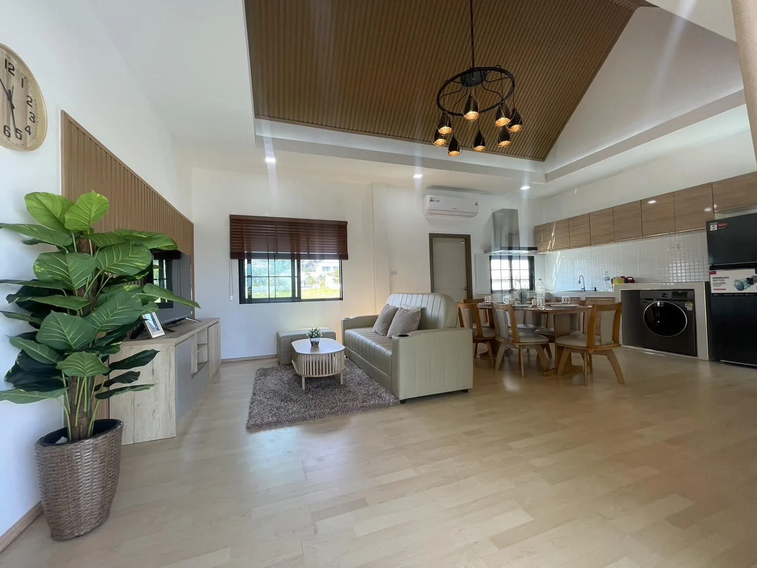 A comprehensive wide-angle shot of the living heart of the home.