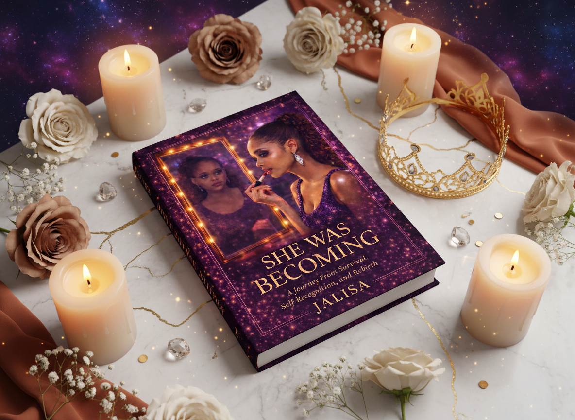 A book titled "She Was Becoming" by Jalisa the Author is displayed on a white marble table, surrounded by lit candles, roses, a tiara, and decorative jewels, with a starry purple background.
