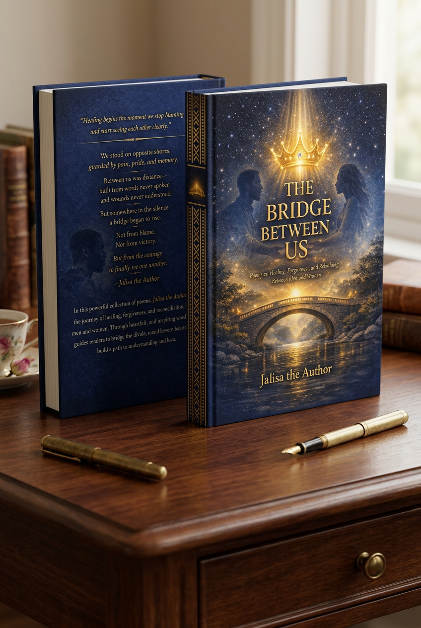 A book titled 'The Bridge Between Us' by Jalisa the Author, with a cover design featuring a starry night sky, a bridge over a river, and a glowing crown. The open back cover displays a poem and a quote. The book is on a wooden desk with a fountain pen and a gold-colored pen, next to a floral teacup and saucer, near a window with curtains.