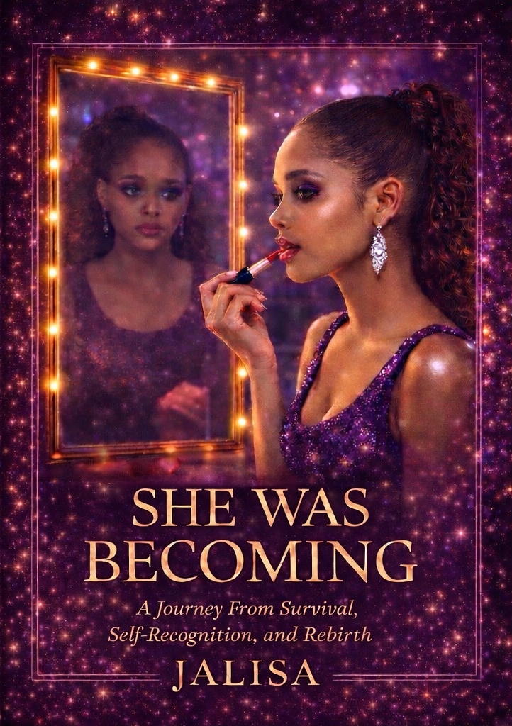 A woman in a purple sparkly dress applying lipstick while looking into a mirror. The mirror shows her reflection. The background is starry purple with a glowing border, and the text reads "She Was Becoming: A Journey From Survival, Self-Recognition, and Rebirth" by JALISA.