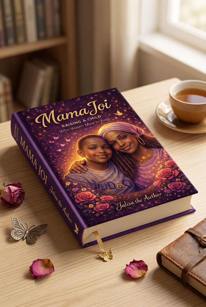 A book titled "Mama Joi Raising a Child Who Wasn't Mine to Keep" by Jalisa the Author resting on a wooden table with a cup of tea, a pink rose, two butterfly-shaped pins, scattered rose petals, and a leather journal nearby. The background includes a bookshelf and a window with sunlight.