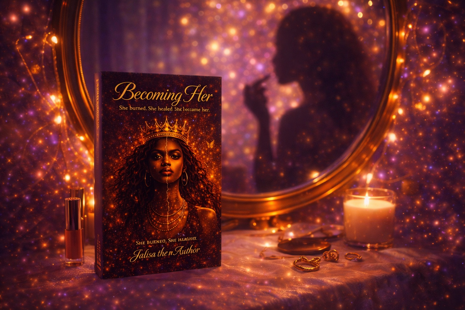 A book titled 'Becoming Her' with a woman's portrait on the cover, surrounded by glowing sparkles, a lit candle, jewelry, and a mirror reflecting a silhouette of a woman holding a cigarette in a dim, glittering setting.